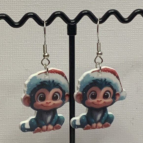 Monkey Earring, Santa Earring, Christmas Earring, Holiday Earring, Gift Idea - Picture 4 of 4